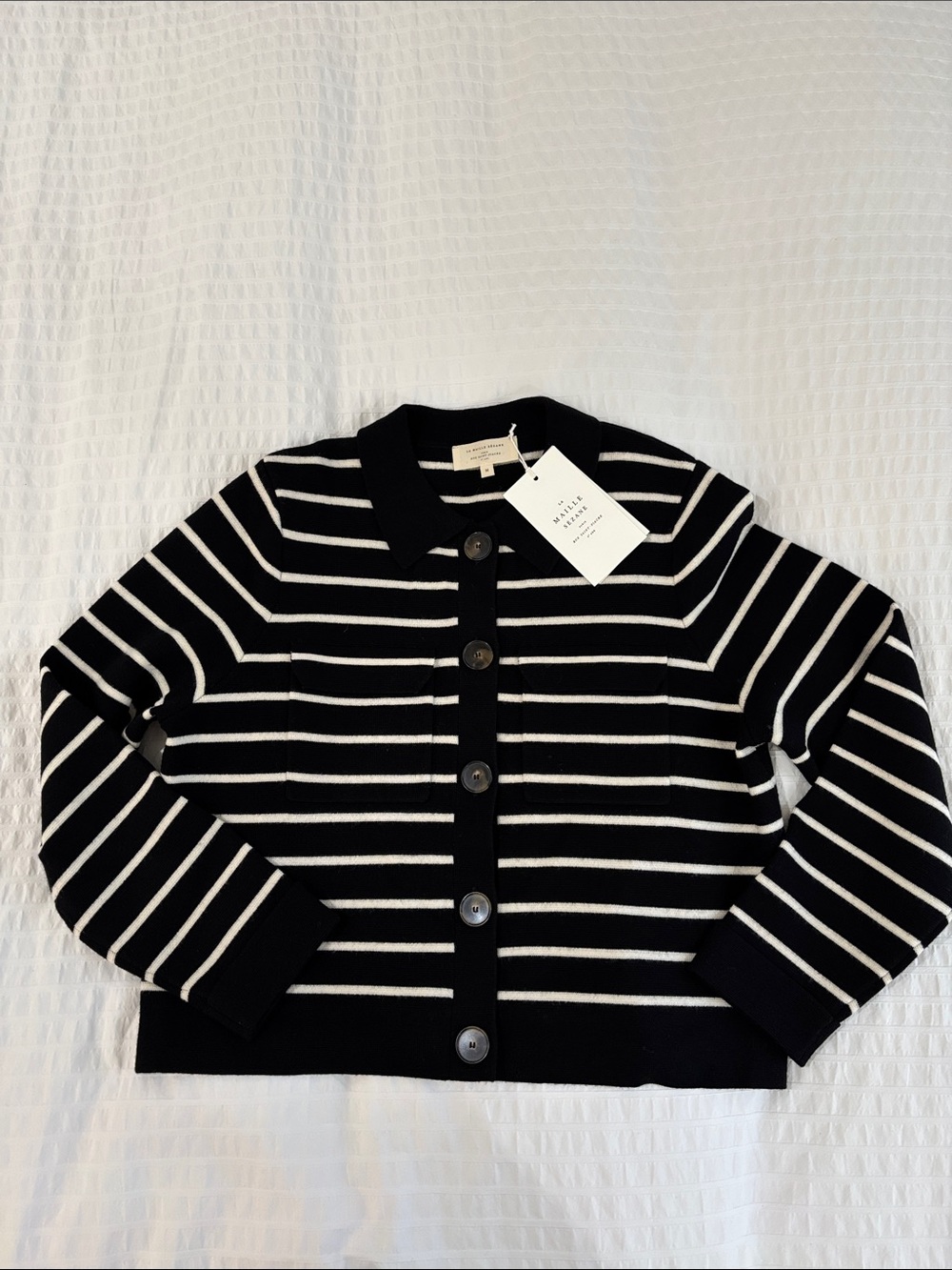 Sézane BETTY Black & White Striped Button-Up Cardigan